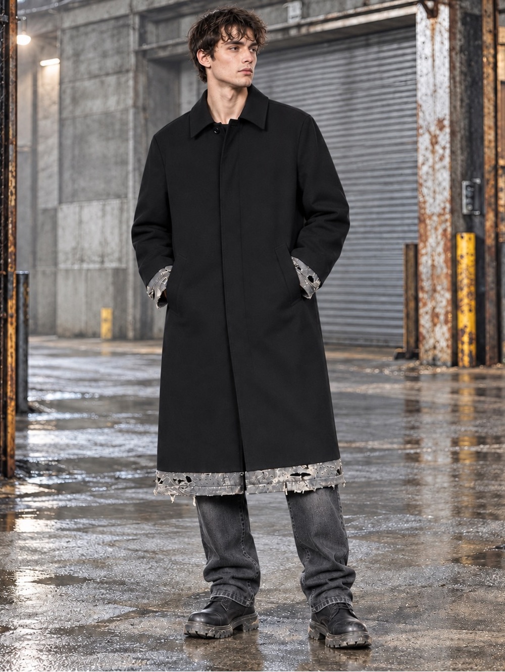 NWT Diesel J-Lewitt Black Wool-Blend Distressed Trim Coat Mens 48 Italy Grunge